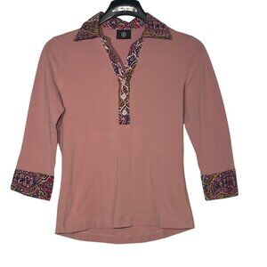 Bogner Paisley Trim Polo Shirt Pink Sz SM Preppy Y2K Inspired